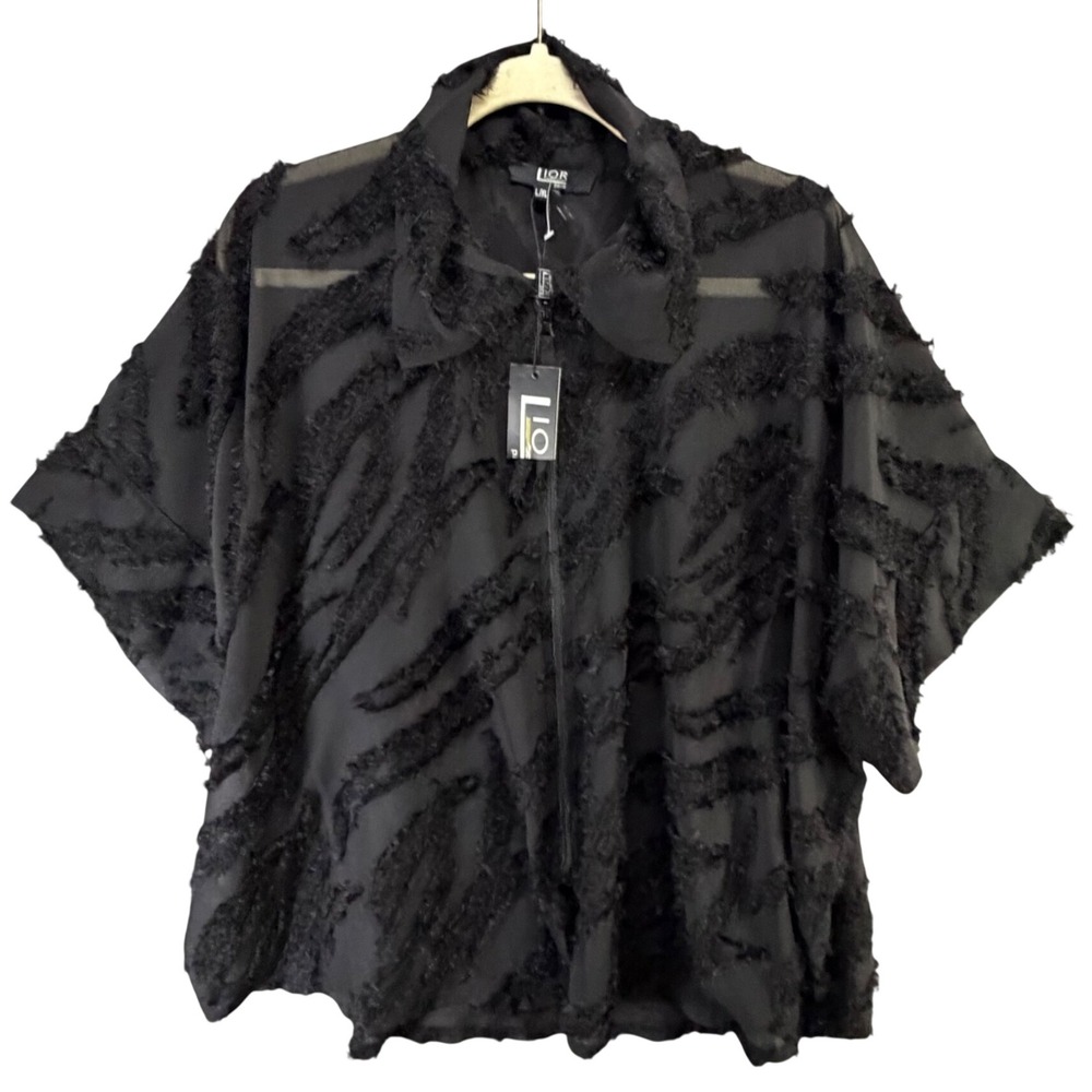 Lior Paris Fringe Burnout Sheer Blouse Womens X/XL Black Zip Front Modern Goth